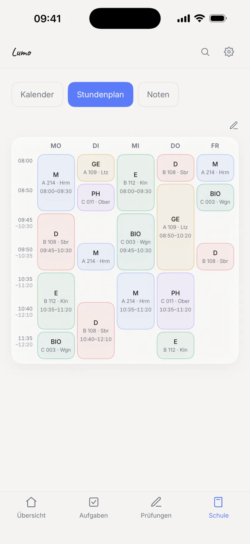 Der Stundenplan in Lumo: eine Woche, nach Fächern eingefärbt.